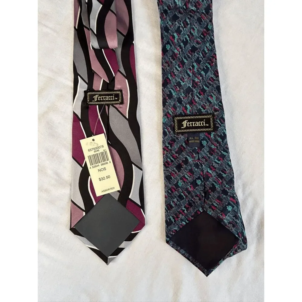 Ferracci Tie Lot of Two, One NWT, One Used & Silk Blue/Purple/Gray, Geometric